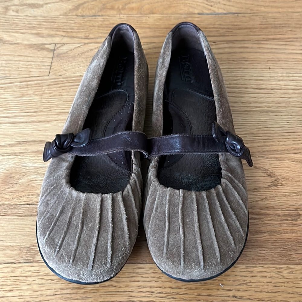 Born W11238 Ruched Brown Leather Mary Jane Strap Bow Slip-on Loafer Flats-8.5/40